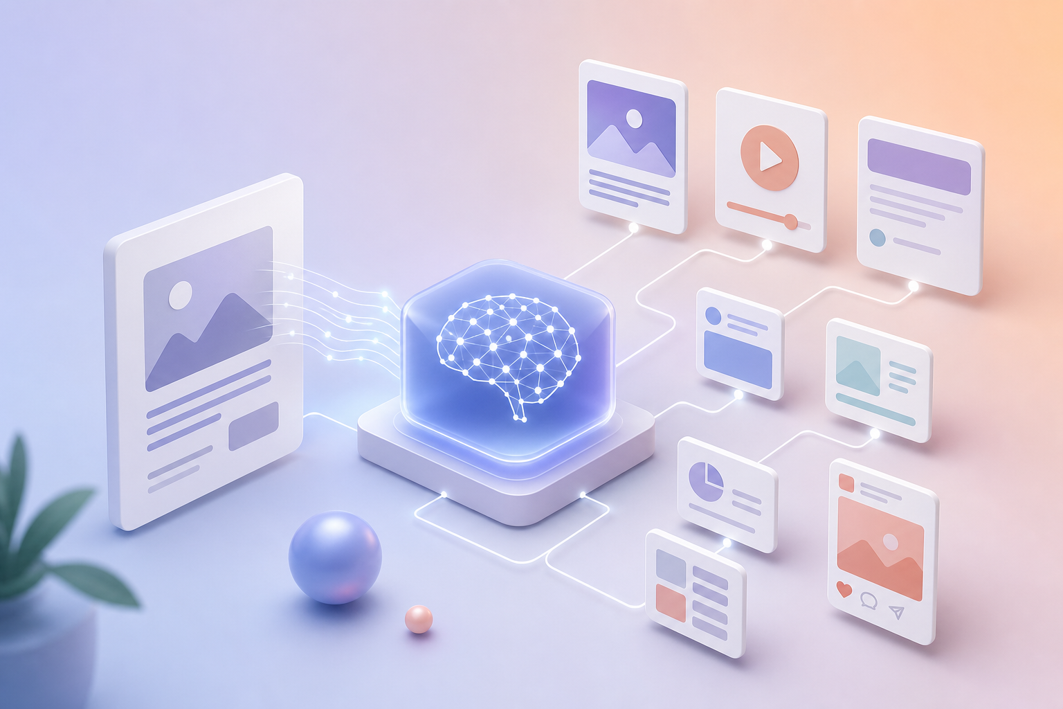 ai-assisted content repurposing marketing illustration showing AI-assisted content repurposing for marketing teams: templates and examples
