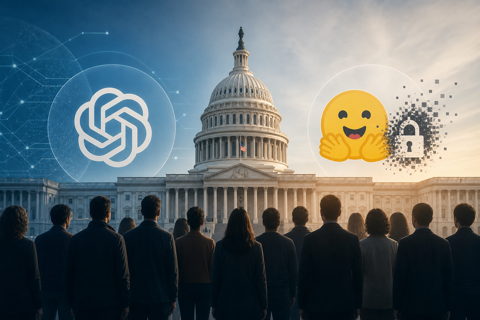 public interest coalition urges illustration showing Explained: Public interest coalition urges Congress to investigate OpenAI, Hugging Face hack