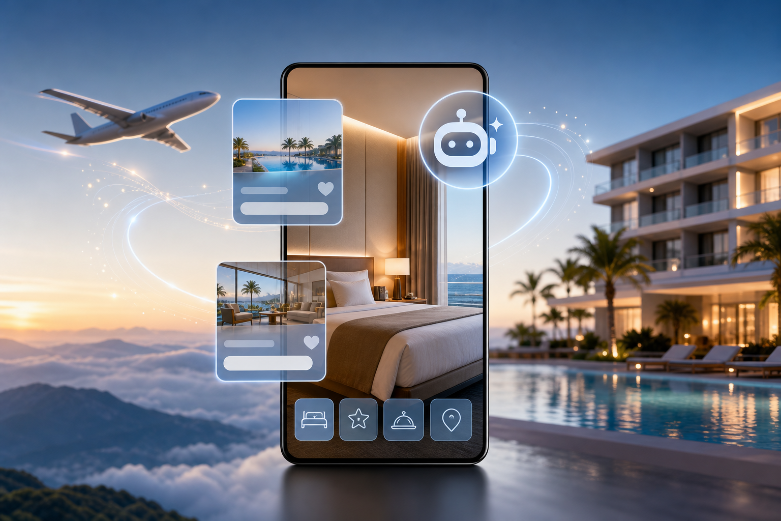 Google AI hotel booking illustration showing Google launches AI-powered hotel booking while flight integration remains in development