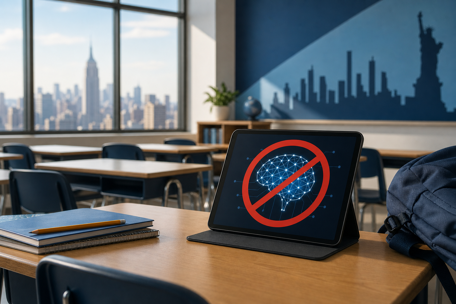 NYC bans AI tools schools illustration showing New York City bans AI tools in elementary and middle schools
