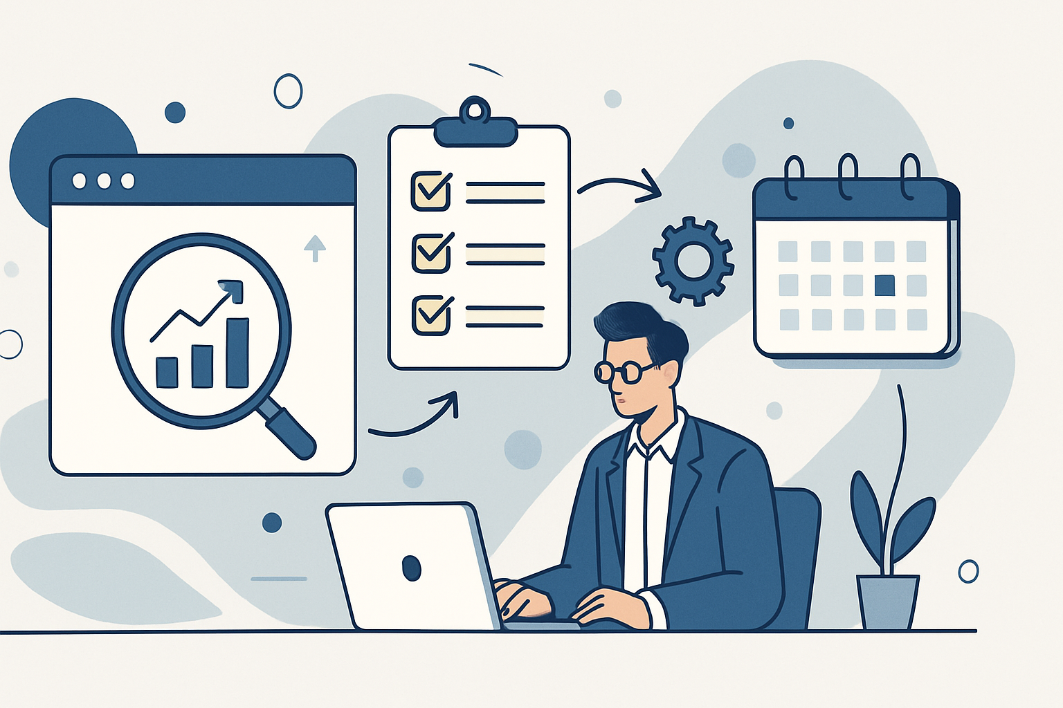 seo workflows content consultants illustration showing SEO workflows for AI content for consultants: a 30-day plan