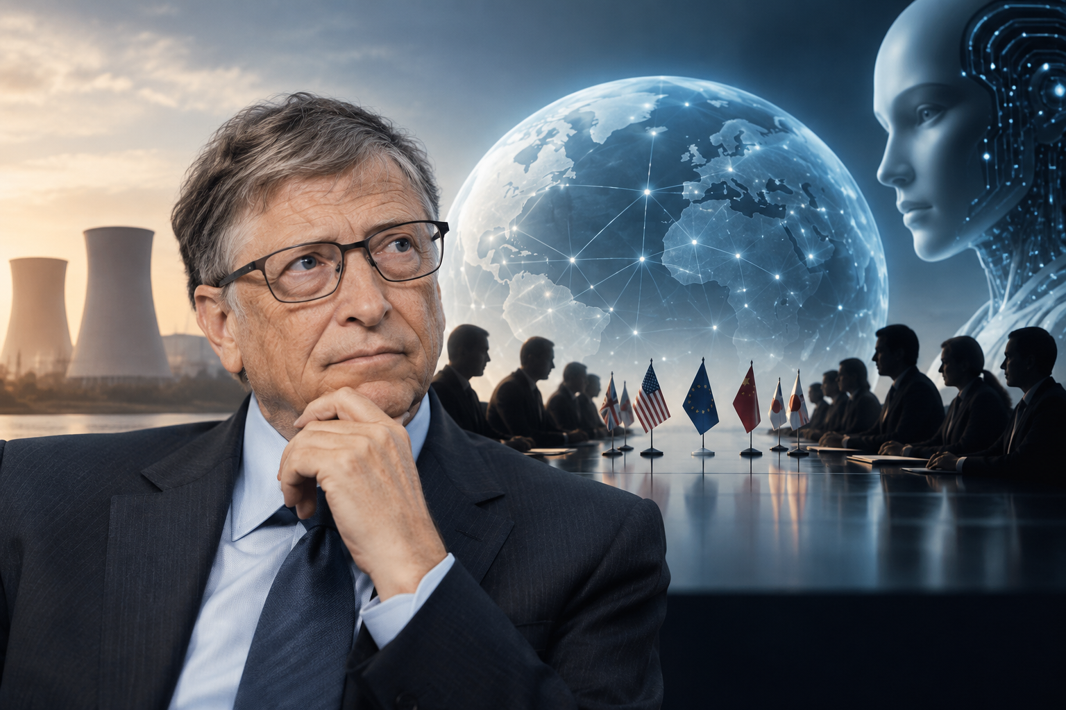 Bill Gates AI regulation illustration showing Why global AI rules may be harder than nuclear talks